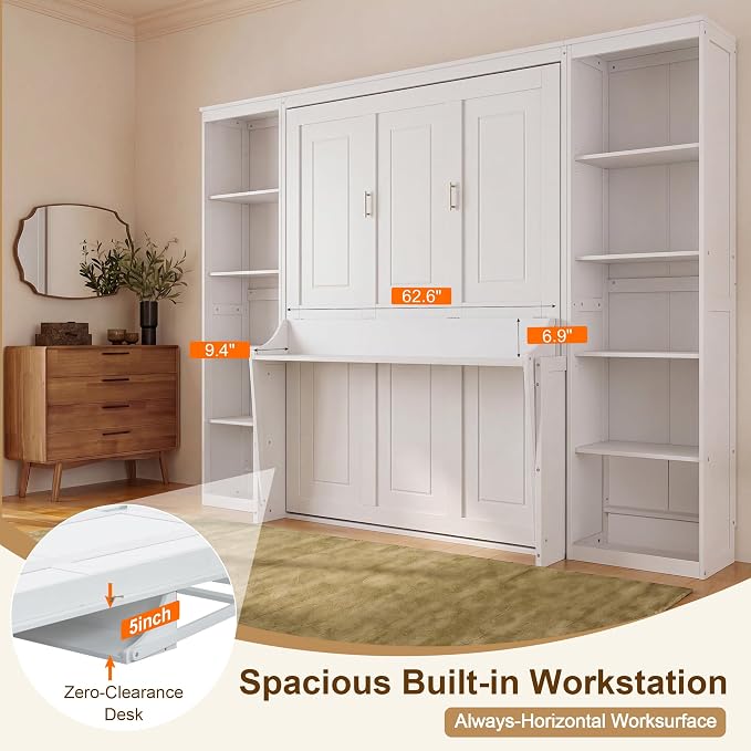 Olela Murphy Bed Queen Size with Small Desk and Bookcase, Vertical Murphy Wall Bed Cabinet Desk and Bookshelf Storage Combo, Space Saving Hideaway Beds for Home Office Guest Room, White