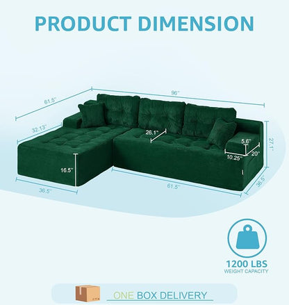 Hobestluk Modular Sectional Sofa Couches L-Shape Couch 3 Seat Modular Sofa Memory Foam Sectional Couches for Living Room, Cloud Couch with Oversized Chaise (Emerald Corduroy, 96", Left Hand Facing)