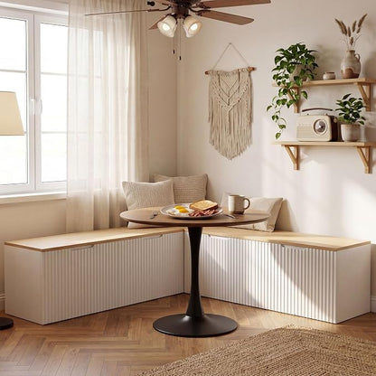 ZZW L Shaped Storage Bench, Modular Corner Dining Bench Seating, 63" Breakfast Nook Bench w/Hidden Storage, Safety Soft-Close Hinges, Dining Room, Kitchen, Living Room, Entryway Color Oak and White