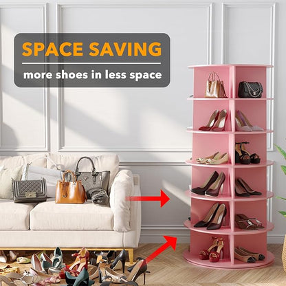 SpaceAid 6 Tier Rotating Shoe Rack Tower, Spinning Shoe Display Lazy Susan, Revolving 360 Shoe Rack Storage Round Carousel, Vertical Handbag Rotate Shoes Closet Organization (6-Tier Pink)