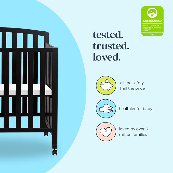 Davinci Dylan 3-in-1 Convertible Portable Mini Crib, Ebony | GREENGUARD Gold Certified - Folding Baby Crib With Wheels, 4 Adjustable Mattress Heights, Conversion Kit Sold Separately