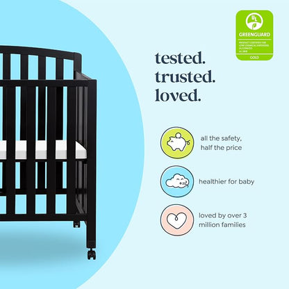Davinci Dylan 3-in-1 Convertible Portable Mini Crib, Ebony | GREENGUARD Gold Certified - Folding Baby Crib With Wheels, 4 Adjustable Mattress Heights, Conversion Kit Sold Separately