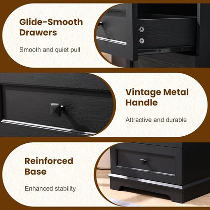 20-Inch Wide Modern Nightstands Set of 2 with Charging Station, End Tables with 3 Large Drawers, Simple Design Bedside Table for Bedroom and Office,Black