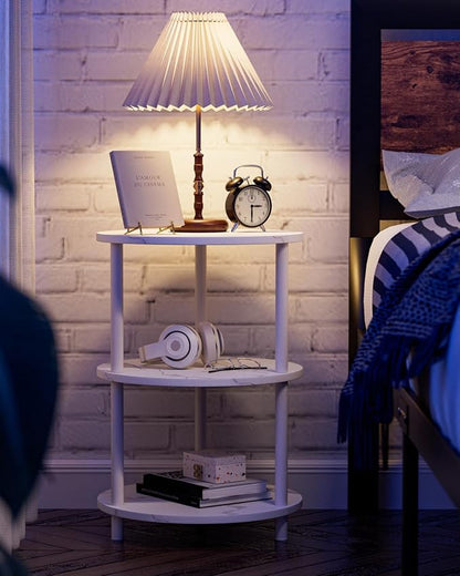 XBurmo Round Coffee Table for Living Room - Narrow Side or Bedside Stand, Industrial Vintage Nightstand for Bedroom, or Small Spaces, Marble White