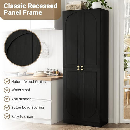 Cyclysio 80" Kitchen Pantry, Extra Tall Arch Storage Cabinet with 4 Soft Close Doors and Adjustable Shelves, Freestanding Wood Cupboard with Seamless Fit Wall for Dining Living Room (Black, 1 Pack)