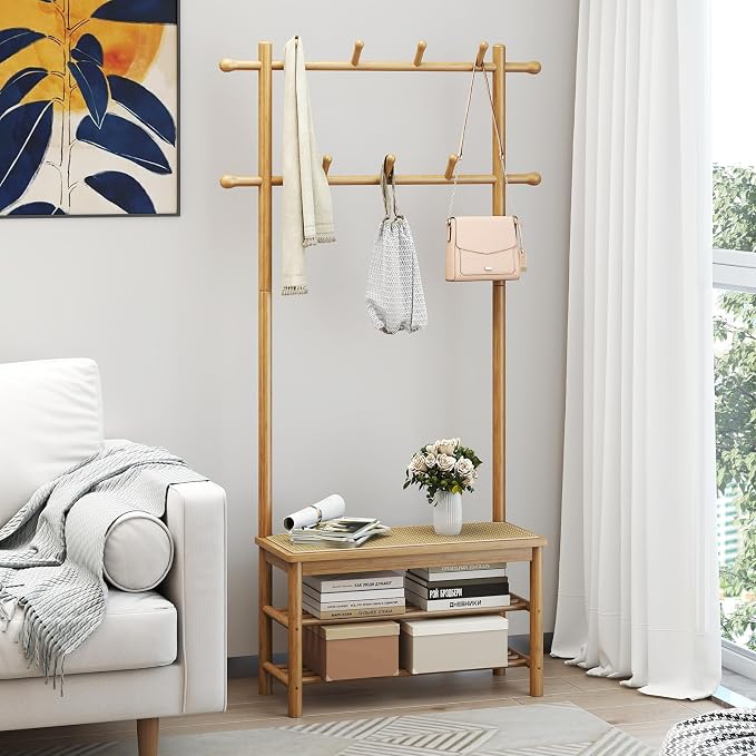 Giantex 3-in-1 Hall Tree with Bench and Shoe Storage, Bamboo Coat Rack Freestanding w/PE Rattan Bench, 11 Hanging Rods, 3 Tier Shoe Rack, Narrow Mudroom Storage Organizer for Entryway Bedroom,Natural