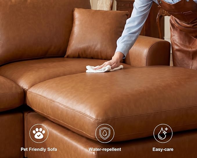 100" Faux Leather Modular Sectional Sofa for Living Room, Oversized 3 Seater L Shaped Cloud Couch with Ottoman, Extra Large Deep Seat, Pet-Friendly, Easy to Clean, Brown