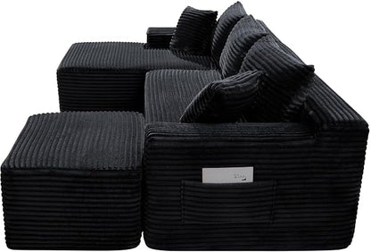 106-Inch Oversized U-Shaped Left Facing Corner Compressed Sofa Modular Boneless Cloud Sectional Sofa Floor Foam Couch W/Chaise & Ottoman, Corduroy Corner Boneless Cloud Couch