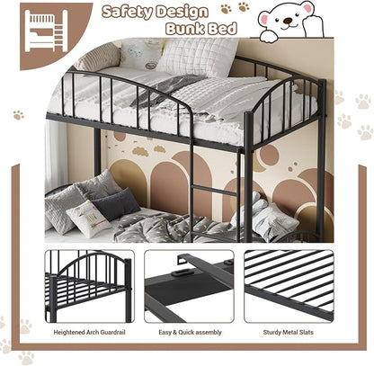 IDEALHOUSE Twin Over Twin Bunk Bed Frame, Twin Bunk Bed Frame with Heightened Arched Guardrail and Safety Ladder, Sturdy Steel Bed for School, Bedroom, Easy Assembly, Modern Black