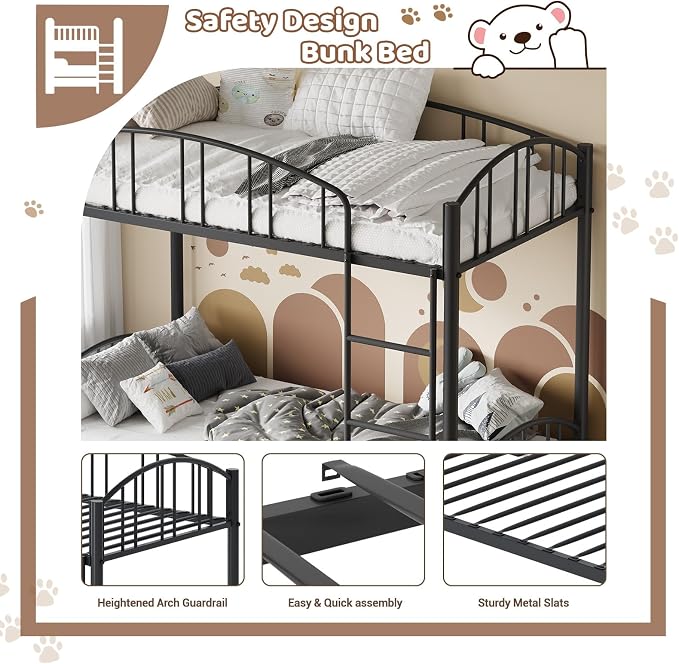 GarveeHome Metal Bunk Bed Twin Over Twin, Heavy Duty Bunkbeds Frame with Arched Guardrail and Safety Ladder, Sturdy Steel Bed for Kids Boys Girls, Space-Saving, No Box Spring Needed, Black