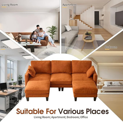 VINGLI 100" W U Shaped Couch with Ottoman, 22" Deep Seat Comfortable Sectional Couches for Living Room, 3 Seater Chenille Fabric Cloud Sofa for Apartment, Small Spaces, Bedroom, Orange