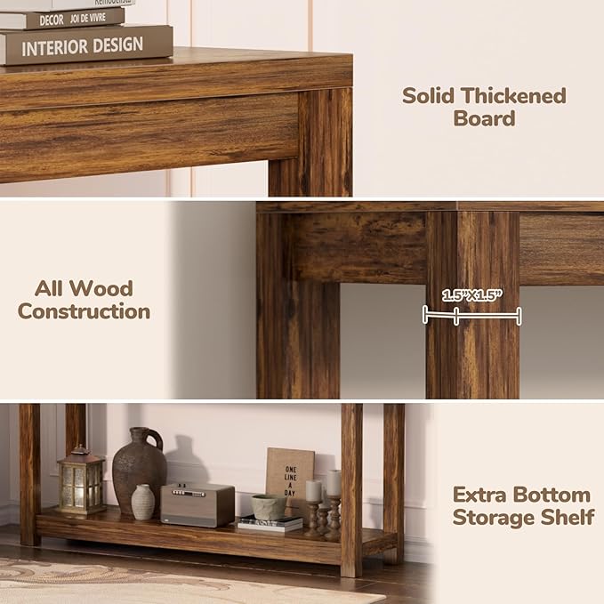 Besiost 47" Farmhouse Wood Entryway Table Narrow Console Table with Storage Behind Couch Sofa Table with Shelves Entry Way Table with Open Storage, Easy Assembly, Rustic Brown