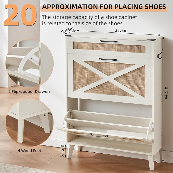 LEYAOYAO Shoe Cabinet Storage for Entryway with 2 Flip Drawers Rack Narrow Organizer Slim Hidden Wood Shoe Cabinet Furniture Off White