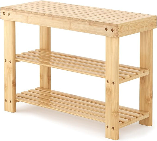 Sweetcrispy 3-Tier Shoe Rack Bench for Entryway, 27 Inches, Wood | Bamboo Shoe Storage Bench, Shoes Rack for Entrance, Bedroom, Living Room, Balcony, 6 Pairs, 286lb Capacity
