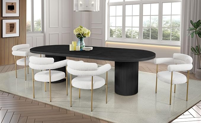 Dobby 90"-123" Extendable Oval Wooden Dining Table, Black | Mid Century Modern, Double Pedestal Base, For 6 People, Large