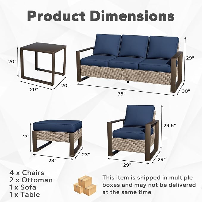 Joyside Outdoor Patio Chairs, 8 Pieces Wicker Rattan Furniture Set, 4 Patio Chairs, 1 Sofa, 2 Ottoman and 1 Table, Metal Wide Armrest, Thick Cushions and Deep Seating for Garden, Backyard, Porch