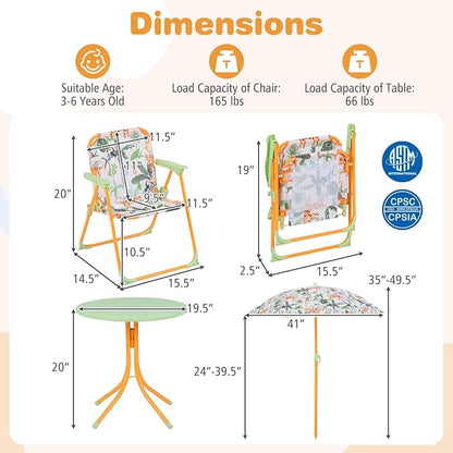 Costzon Kids Picnic Table, Kids Outdoor Table with 2 Folding Chairs, Height Adjustable Umbrella, Portable Children Outdoor Furniture for Patio, Garden, Backyard (Yellow Forest)