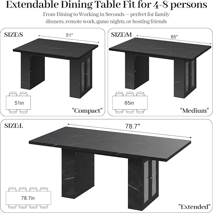51"-78" Extendable Dining Table for 4-8, Black Faux Marble Kitchen Table | Modern Dining Room Table with Hidden Storage, Rectangle Dinner Tables for Dining Room Kitchen Living Room (Black Marble)
