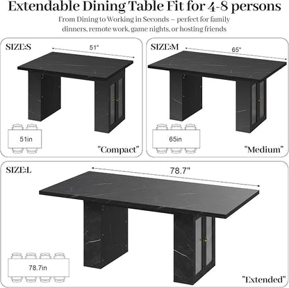 51"-78" Extendable Dining Table for 4-8, Black Faux Marble Kitchen Table | Modern Dining Room Table with Hidden Storage, Rectangle Dinner Tables for Dining Room Kitchen Living Room (Black Marble)