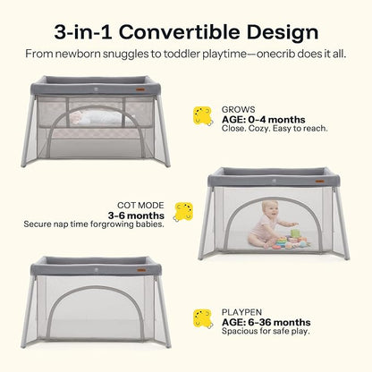 HARPPA Travel Crib with Comfy Pad, Lightweight Portable Crib Requires No Assembly, Foldable Pack and Play for Baby and Toddlers, Compact Play Yard with Bed,Gray