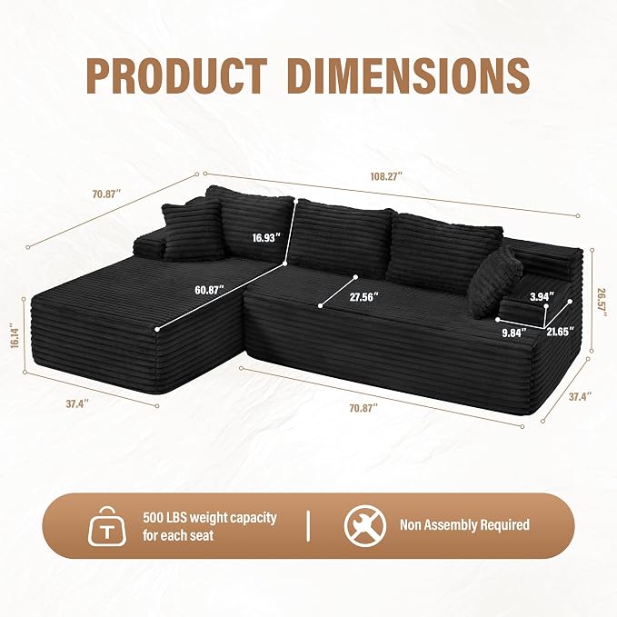 Hobestluk Boneless Couch Modular Sectional Sofa L-Shape Oversized Chaise | 108" Left Facing Chaise Charcoal,Memory Foam,Removable Cover,Non-slip Bottom,No Assemble Required,Living Room Furniture