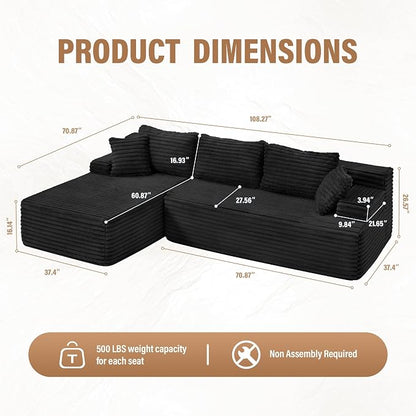 Hobestluk Boneless Couch Modular Sectional Sofa L-Shape Oversized Chaise | 108" Left Facing Chaise Charcoal,Memory Foam,Removable Cover,Non-slip Bottom,No Assemble Required,Living Room Furniture
