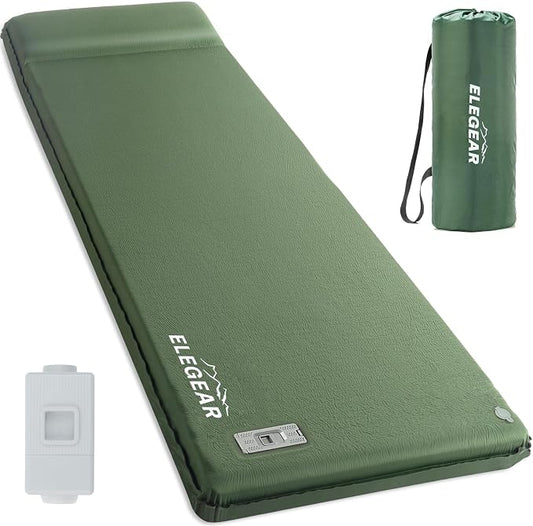 Elegear CumbreX™ Self Inflating Sleeping Pad, Built-in Electric Pump 3.15" Ultra-Thick Memory Foam Camping Mattress with Pillow Sleeping Pad for Camping R-Value 9.5 Foam Camping Pad Army Green Single
