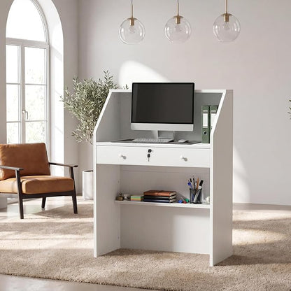 31.5 Inch Small White Reception Desk with Drawer for Salon Front Modern Standing Receptionist Room Tables Checkout Counter for Office