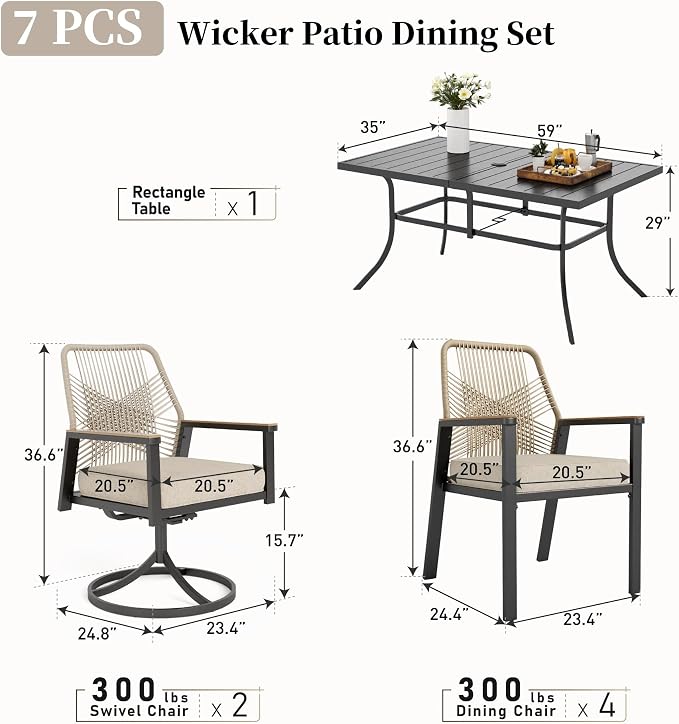 Patio Dining Set 7 Piece, 4 Woven Rattan Fixed Chairs and 2 Swivel Chairs with Waterproof Cushion, 59" Rectangular Metal Table with Umbrella Hole, Outdoor Table Set for Backyard Lawn Deck, Beige
