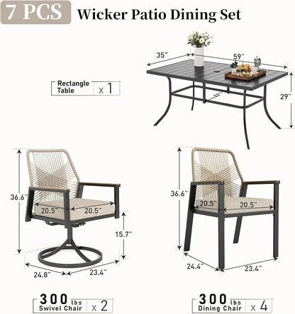 Patio Dining Set 7 Piece, 4 Woven Rattan Fixed Chairs and 2 Swivel Chairs with Waterproof Cushion, 59" Rectangular Metal Table with Umbrella Hole, Outdoor Table Set for Backyard Lawn Deck, Beige