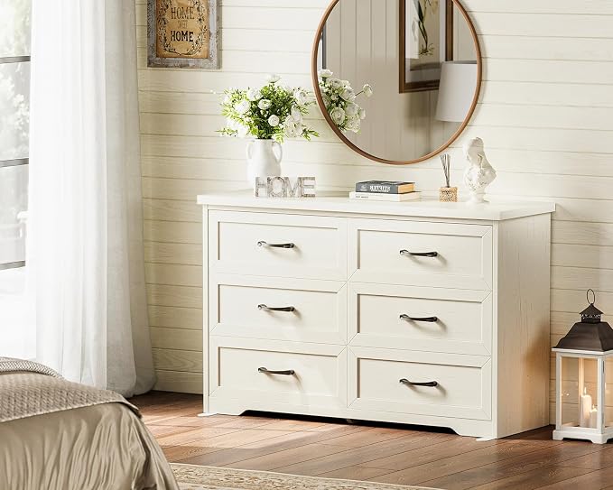 AODK Farmhouse 6 Drawer Dresser for Bedroom, 47” Wide Rustic Storage Dresser with Engineered Wood Frame, Anti-Tip Safety Chest, American Country Bedroom Furniture, Vintage White