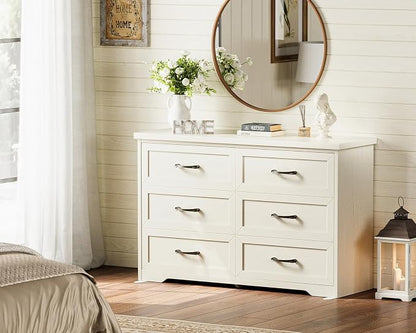 AODK Farmhouse 6 Drawer Dresser for Bedroom, 47” Wide Rustic Storage Dresser with Engineered Wood Frame, Anti-Tip Safety Chest, American Country Bedroom Furniture, Vintage White