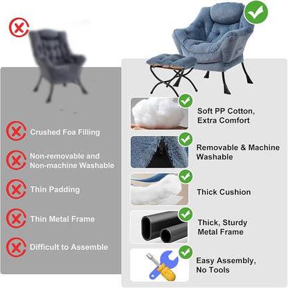 Furlide Lazy Chair with Ottoman, Modern Accent Chair with Armrests and a Side Pocket, Plush Light Blue Accent Chairs, Reading Chairs, Oversized Armchairs for Bedroom, Study, Living Room, Courtyard