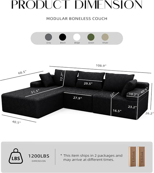 Lifelink 108" Boneless Couch L-Shaped - Modular Sectional Couches for Living Room Cloud Sofa with Deep Seat High Back Oversized Left Facing Chaise No Assembly Required
