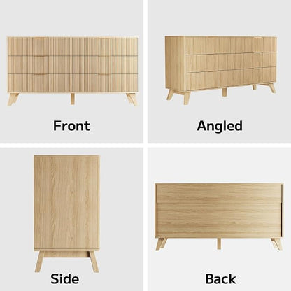 Fluted Dresser with 6 Drawers, 53.43 Inch Wood Double Dresser with Metal Handles Curved Design Wide Storage Organizer Cabinet Modern Chest Dressers for Bedroom Living Room Hallway(Oak)