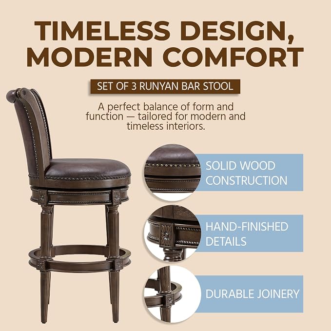 ROME + OAK Set of 3 Runyan 31" Swivel Bar Stool, High Back Barstool in Dark Walnut Finish with Vintage Brown Vegan Leather Seat