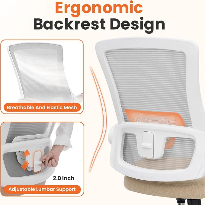 NEO CHAIR Office Desk Gaming Chair Computer High Back Mesh Seat with Rolling Wheels Ergonomic Adjustable Comfy Flip-up Armrests Lumbar Support Height for Home (Beige White Frame)
