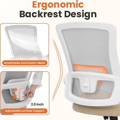 NEO CHAIR Office Desk Gaming Chair Computer High Back Mesh Seat with Rolling Wheels Ergonomic Adjustable Comfy Flip-up Armrests Lumbar Support Height for Home (Beige White Frame)