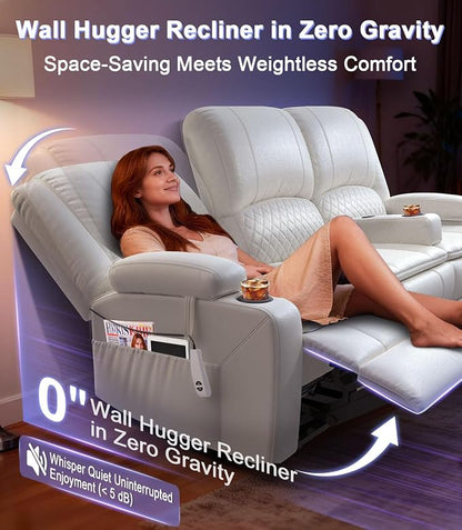 Power Loveseat Recliner Sofa, Removable Armrest 3 Seats Power Reclining Loveseat with Remote Liftable Console, Wall Hugger RV Theater Seating with Storage & USB & RGB (PU, White)