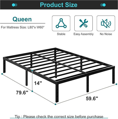 Maenizi 14 Inch Metal Bed Frame Queen Size No Box Spring Needed, Heavy Duty Platform Support Up to 3000 lbs, Easy Assembly, Noise Free, Black