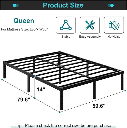Maenizi 14 Inch Metal Bed Frame Queen Size No Box Spring Needed, Heavy Duty Platform Support Up to 3000 lbs, Easy Assembly, Noise Free, Black