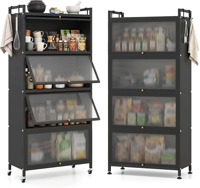 Giantex 5-Tier Kitchen Storage Cabinet, Freestanding Metal Baker's Rack w/4 Flip-up PC Doors, 4 Hooks, Adjustable Feet & Rolling Wheels, Mobile Microwave Stand for Dining Room, Living Room (Black)