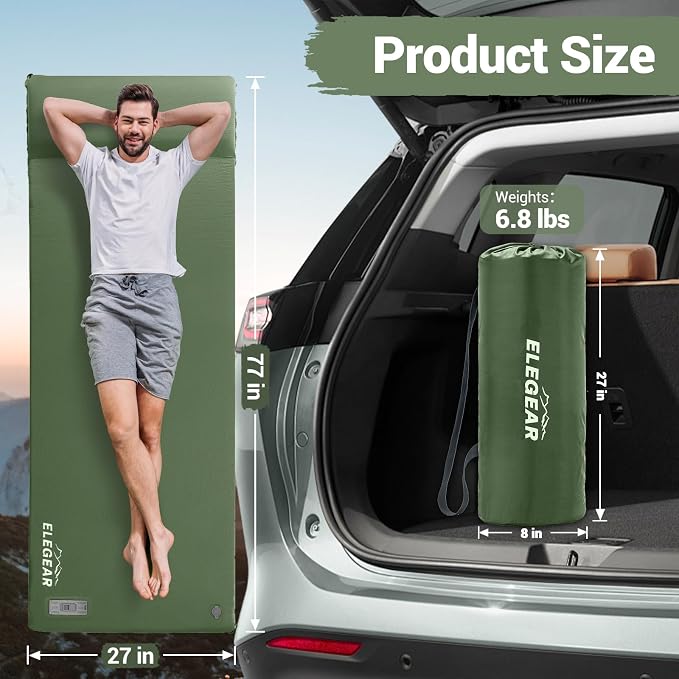 Elegear CumbreX™ Self Inflating Sleeping Pad, Built-in Electric Pump 3.15" Ultra-Thick Memory Foam Camping Mattress with Pillow Sleeping Pad for Camping R-Value 9.5 Foam Camping Pad Army Green Single