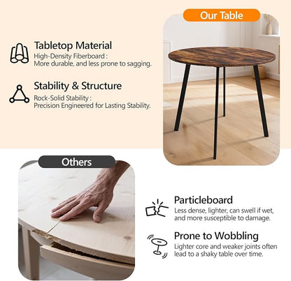 VINGLI Round Dining Table for 2-4, 35in Modern Dining Room Table with Metal Base, Brown Wooden Kitchen Table, Space-Saving, Small Space Circle Dinette for Home, Kitchen, Apartment
