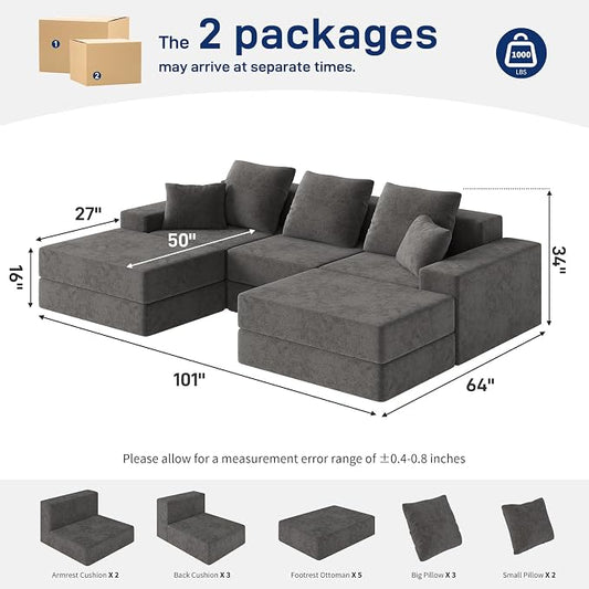 Living&Giving 101" U-Shaped Cloud Sectional Couch for Living Room, Cloud Boneless Couch-No Assembly with Reversible Chaise, Customizable 3-Seat Modular Sectional Sofa with 2 Ottoman,Dark Grey