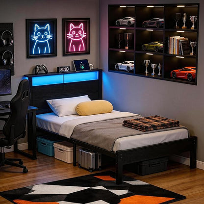 Black Twin Bed Frame with LED Lights and USB Charging Station, Modern Metal Platform Bed with Storage Headboard and Under-Bed Space, Noise Free, Sturdy Frame, No Box Spring Needed, Easy Assembly