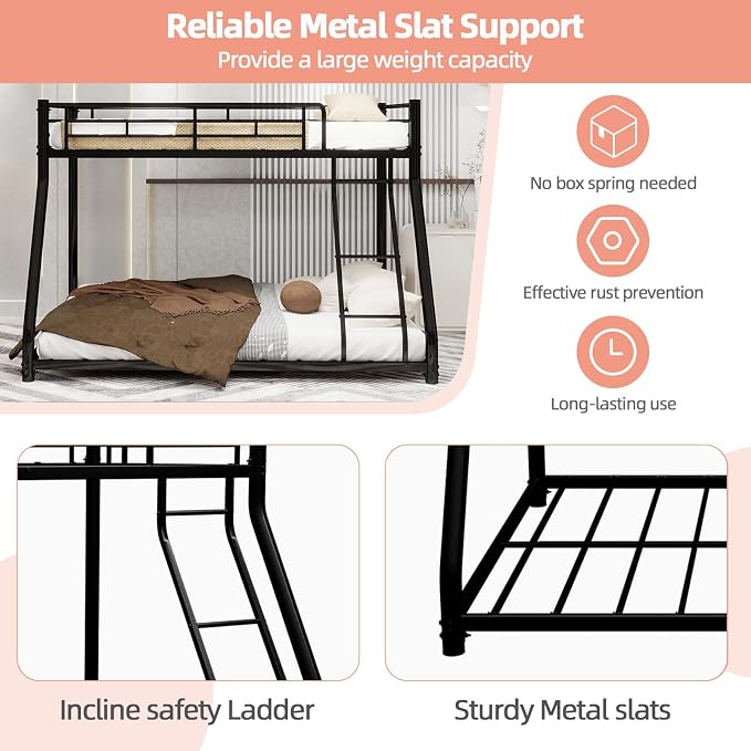 EMKK Twin Over Full Bunk Bed for Adults, Metal Bunk Beds Twin Over Full Size for Teens Dorm Bedroom Guest Room,Heavy Duty Bunk Beds with Ladder and Safety Full Length Guardrail (Black)