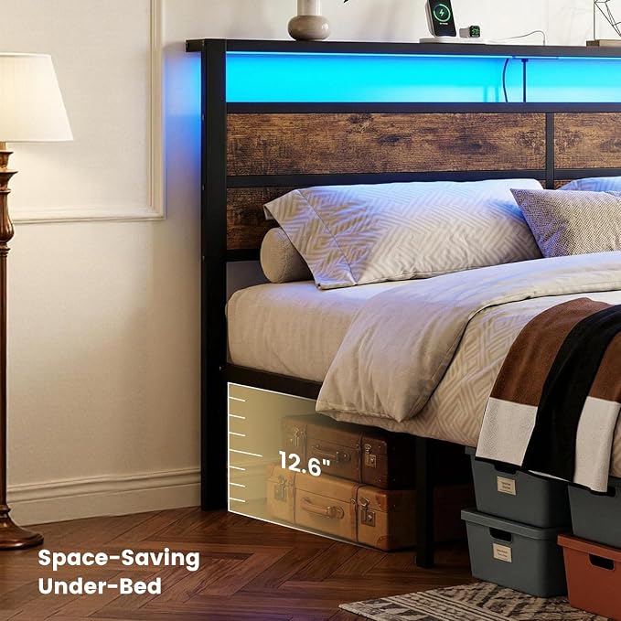 Queen Size Bed Frame with LED Lights, USB Type C Charging Headboard, Brown Metal Platform Bed with Storage Shelf, Noise Free Design, No Box Spring Needed