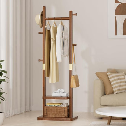 Taitiy Solid Wood Coat Rack, Freestanding Clothing Rack with 2 Shelves Storage & 5 Hooks, Heavy Duty Clothes Rack Stand for Hall, Bedroom, Living Room