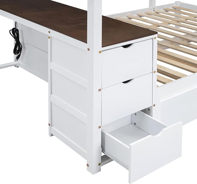 Ball & Cast Full-Over-Full Bunk Bed with Twin Size Trundle,Solid Wood Bedframe W/Desk & Drawers,USB,Space Saving,Easy Assembly,Multifunctional Bedroom Furniture Set for Boys Girls Teens,White+Walnut